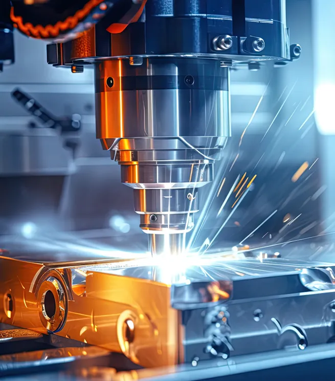 CNC milling machine making a metal part in an M-POWER manufacturing plant